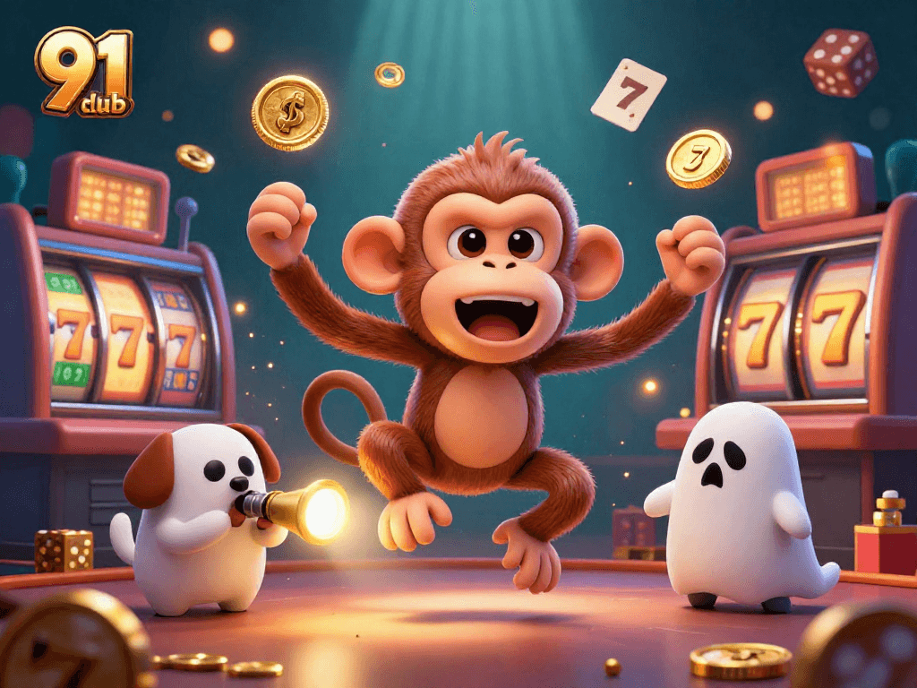 Engage with thrilling casino action at 91 club, showcasing a vibrant casino scene with playful characters.