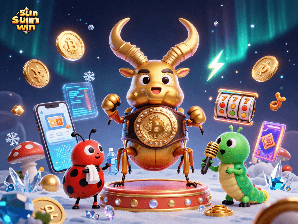 Sun win showcases a giant beetle boxing, surrounded by crypto coins and vibrant casino elements.
