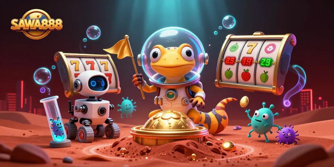 Experience exciting gameplay at SAWA888 with a Martian gecko and golden casino amid cosmic treasures.