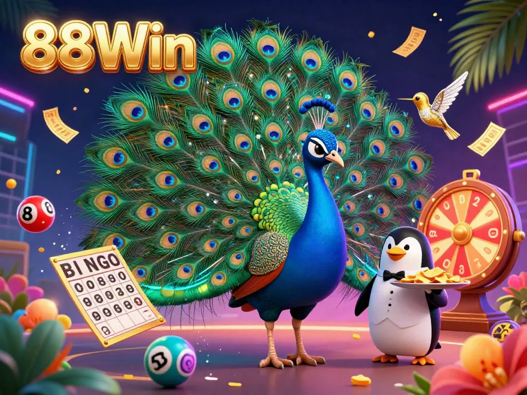 Experience the excitement of 88Win with vibrant casino elements and lively characters in 3D illustration.