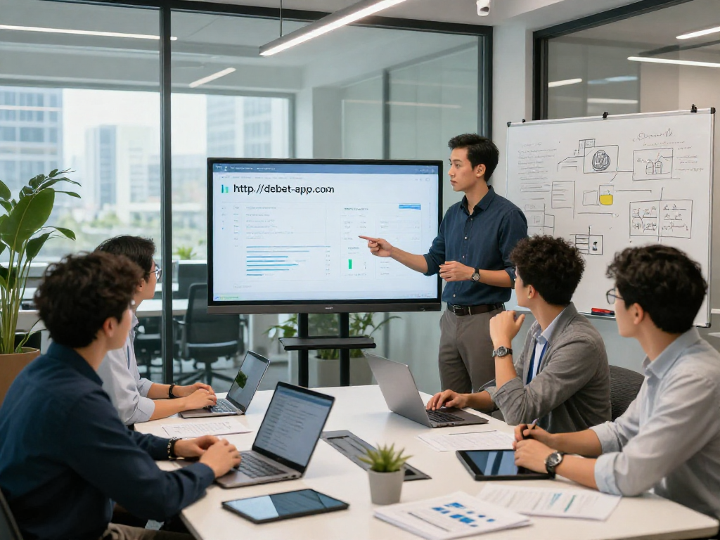 Financial technology team discussing strategies at http://debet-app.com in a modern office environment.