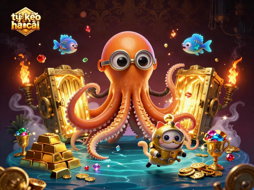 Experience the thrill of tỷ lệ kèo nhà cái with a dynamic scene of kraken and diving cat amidst treasure.