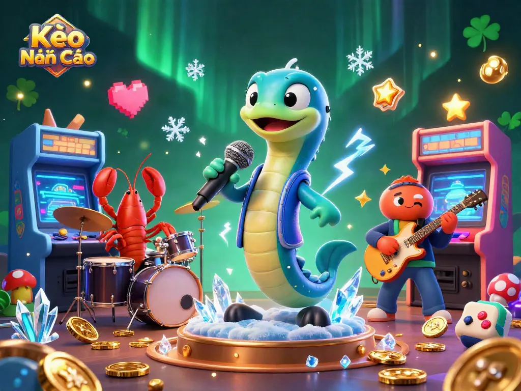 Engaging scene of Kèo Nhà Cái with an electric eel DJ, a lobster drummer, and a seahorse guitarist electrifying the underwater casino atmosphere.