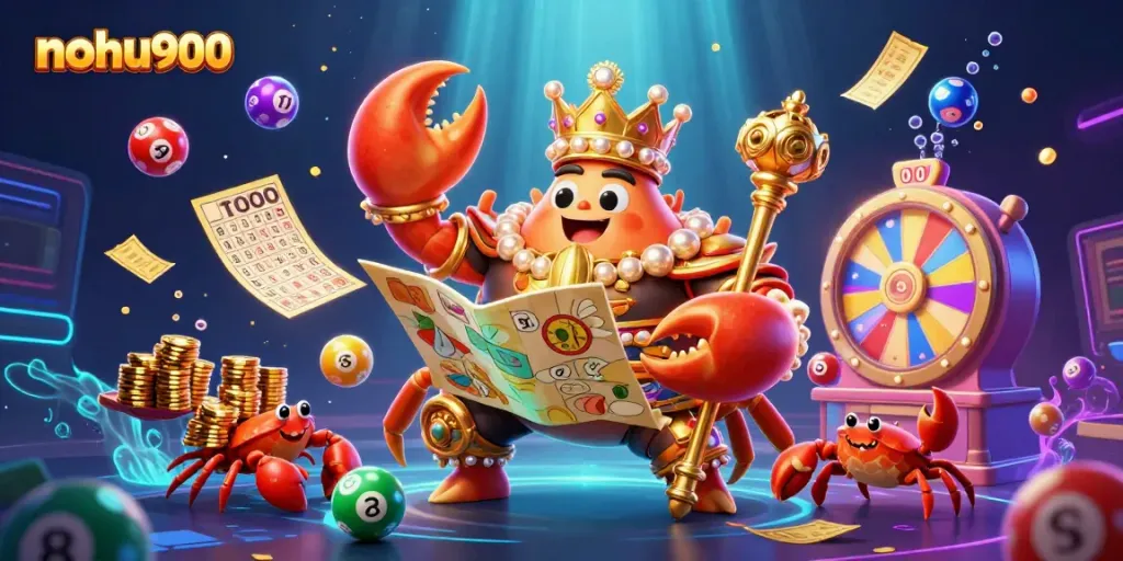 Engage with nohu900's dynamic gaming experience surrounded by vibrant lottery themes and exciting casino elements.