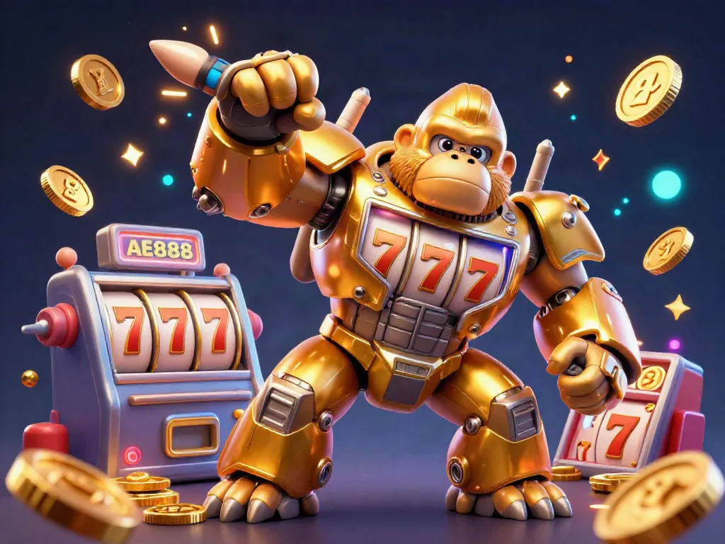 Join AE888's golden gorilla mech amidst thrilling jackpot action in this vibrant casino illustration.