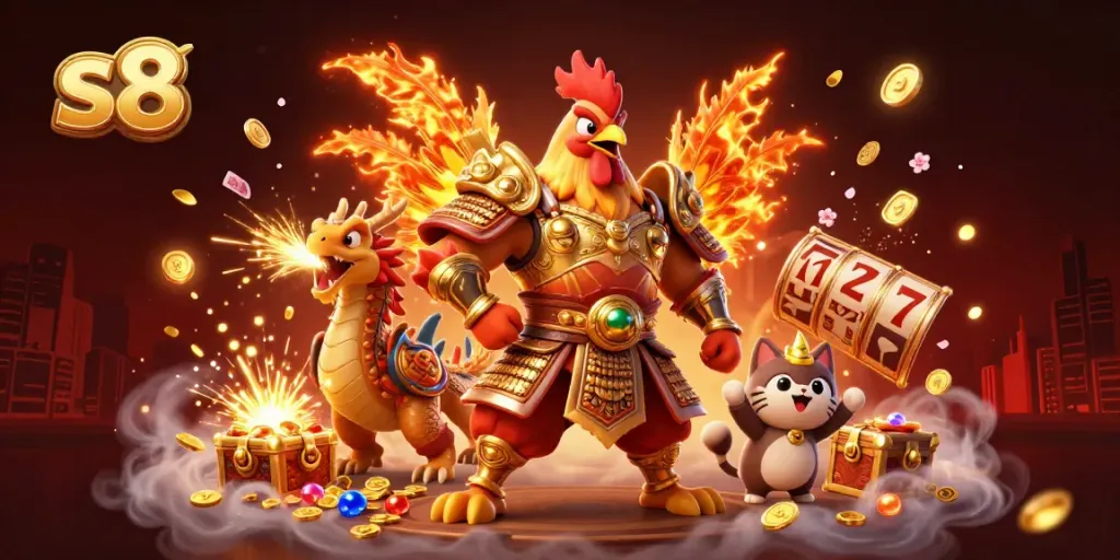 Engage in thrilling games at S8 with a fierce rooster warrior, dragon hatchling, and exciting slot reels.