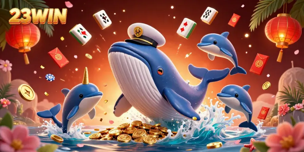 Engage in thrilling gaming with 23WIN’s vibrant underwater casino scene featuring a captain whale, lucky symbols, and playful dolphins.