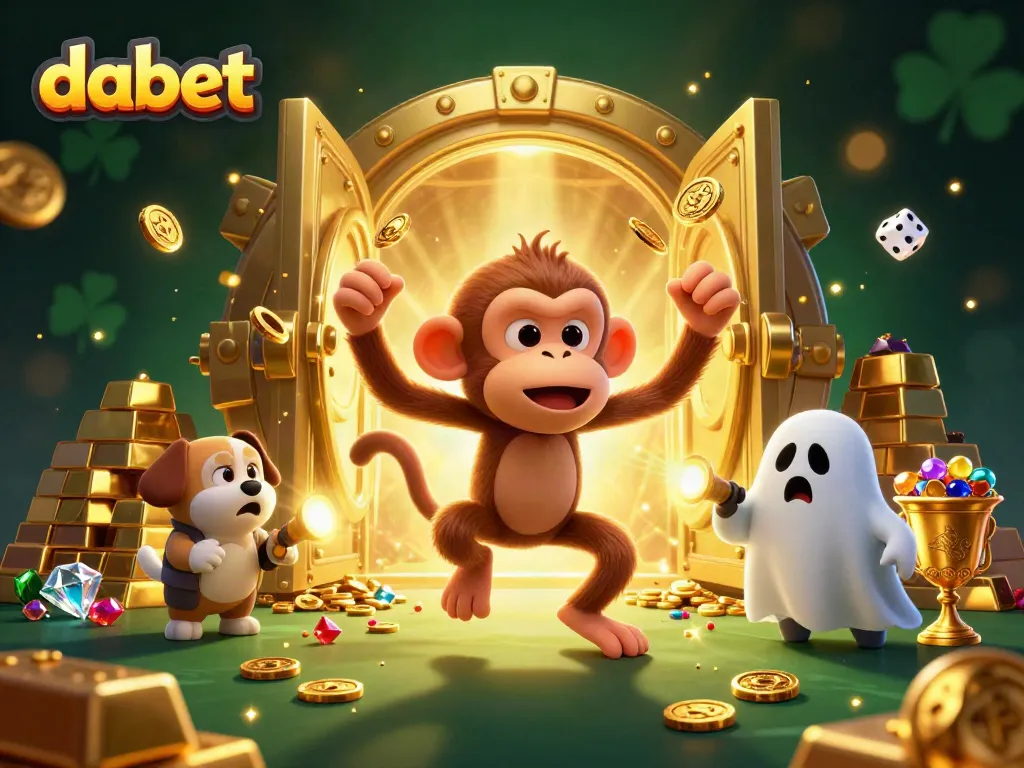 Experience the excitement of dabet with the mischievous monkey and ghost-hunter puppy in a vibrant casino scene.