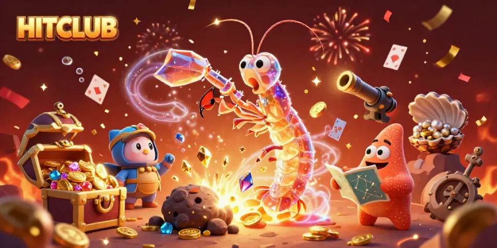 HITCLUB showcases an exhilarating gaming scene with a mantis shrimp and starfish in a vibrant casino setting.