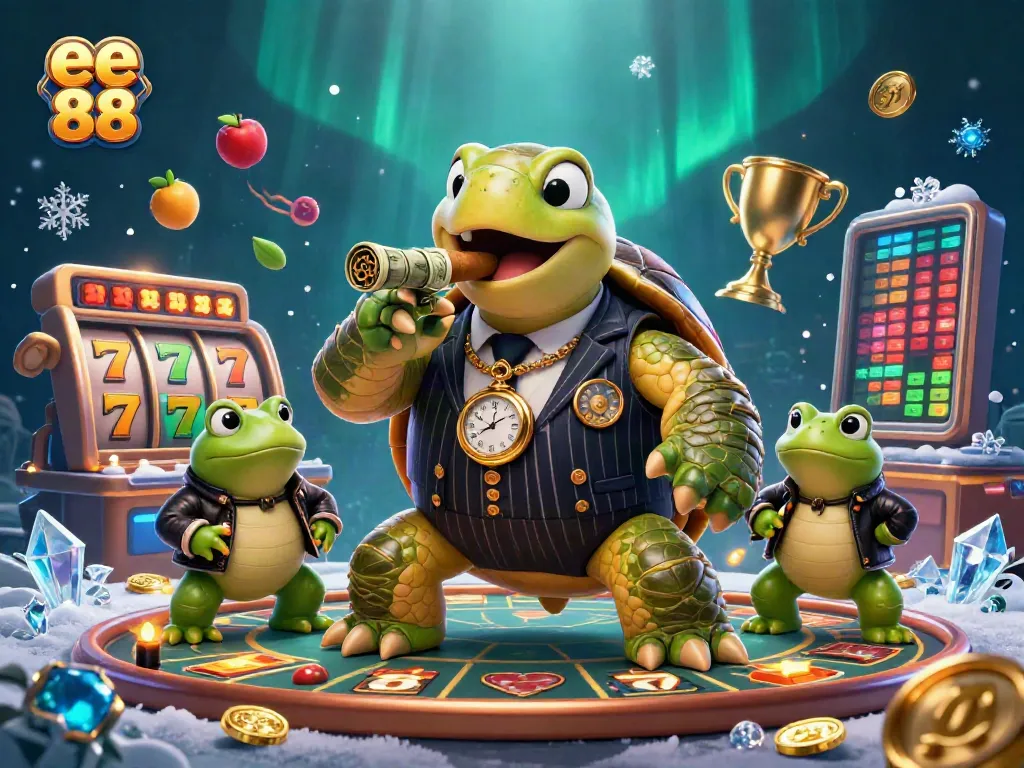 Bet big with ee 88 in a lively casino scene featuring a snapping turtle and bullfrogs.