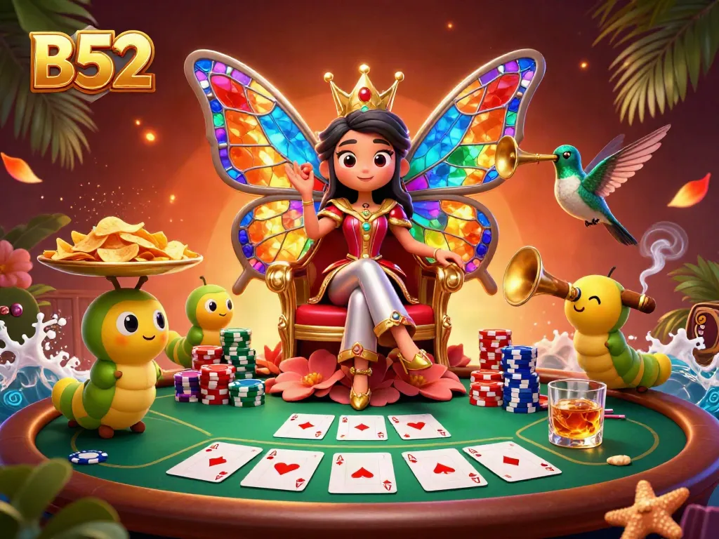 B52 queen presides over a vibrant casino scene filled with poker elements and tropical motifs.