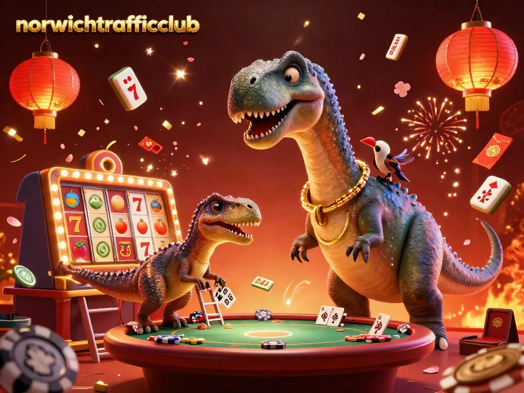 Experience excitement at norwichtrafficclub with a vibrant casino scene featuring a playful brontosaurus and raptor dealer.