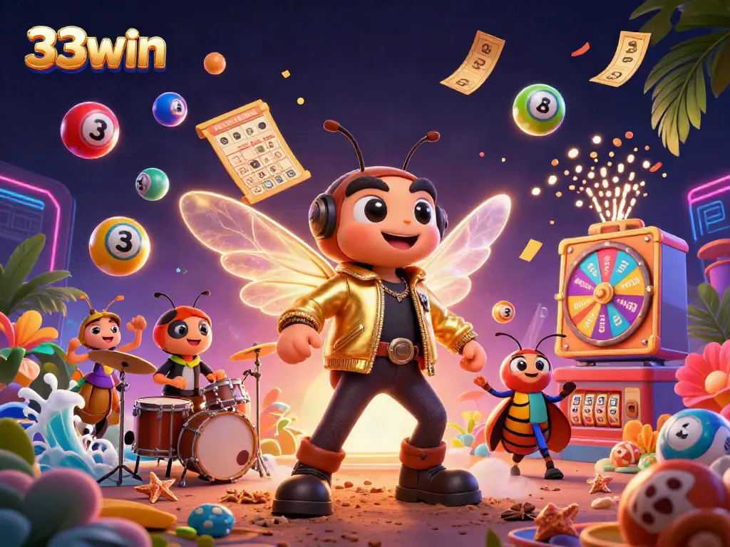 Experience the dynamic energy of 33win with a vibrant casino scene featuring colorful lottery elements.
