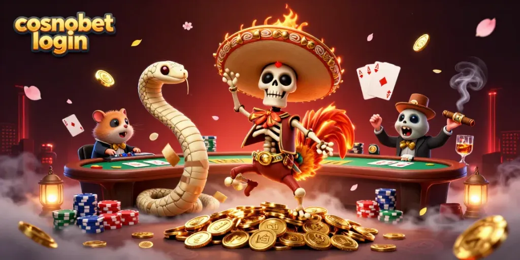 Engage with cosmobet login while enjoying lively characters on poker-themed spectacle.