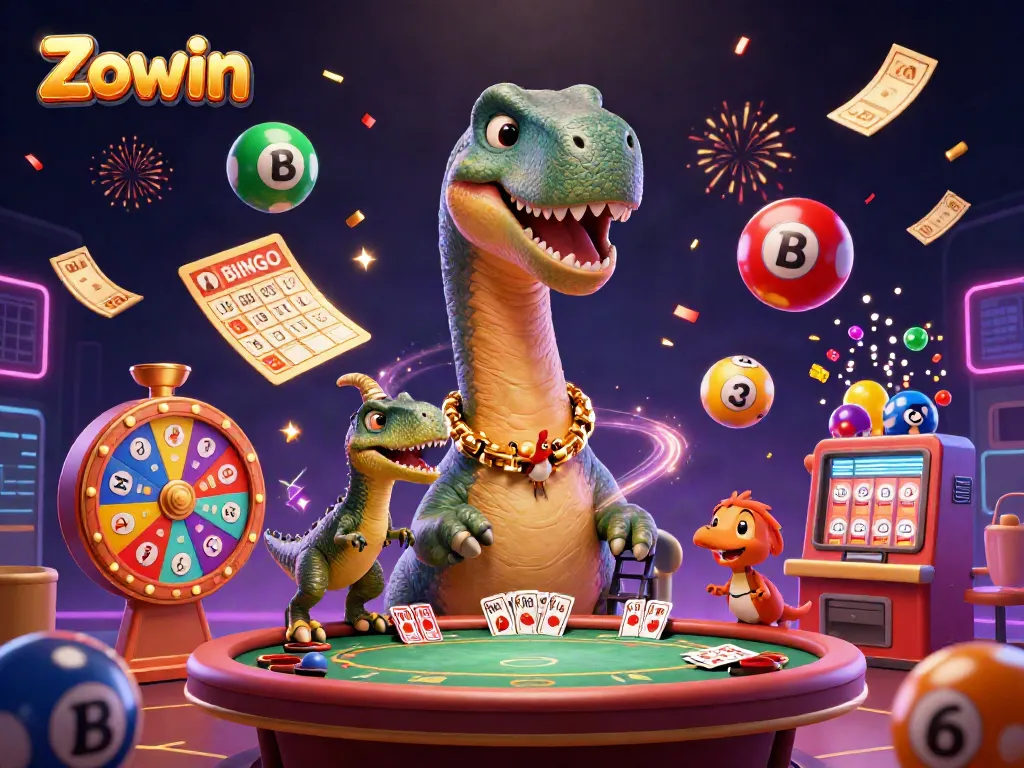 Zowin brings the excitement of casino games to life with a 3D brontosaurus and vibrant lottery balls.