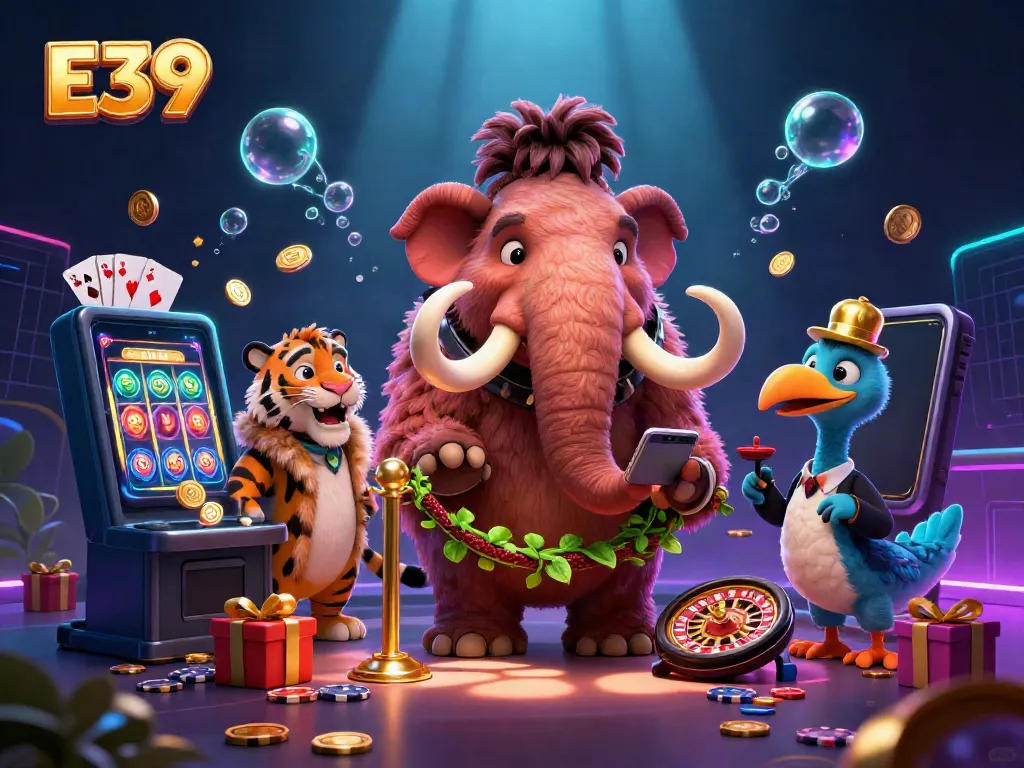 Experience the E39 casino with a unique scene featuring a woolly mammoth bouncer, saber-tooth tiger VIP, and colorful slot games.