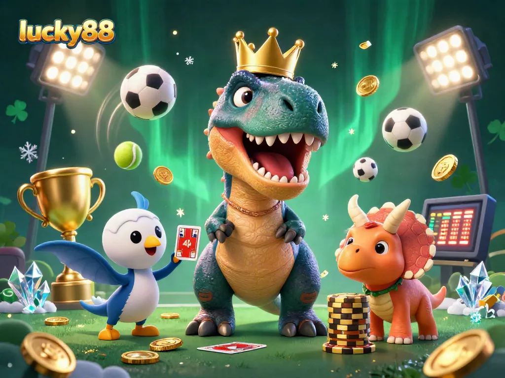 Engage your luck with lucky88 featuring T-Rex and friends in a lively casino scene.