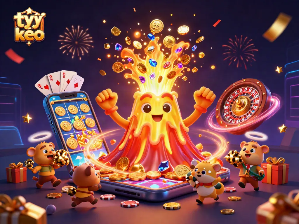 Engage with tỷ lệ kèo as the volcano erupts treasure in this vibrant gambling-themed illustration.