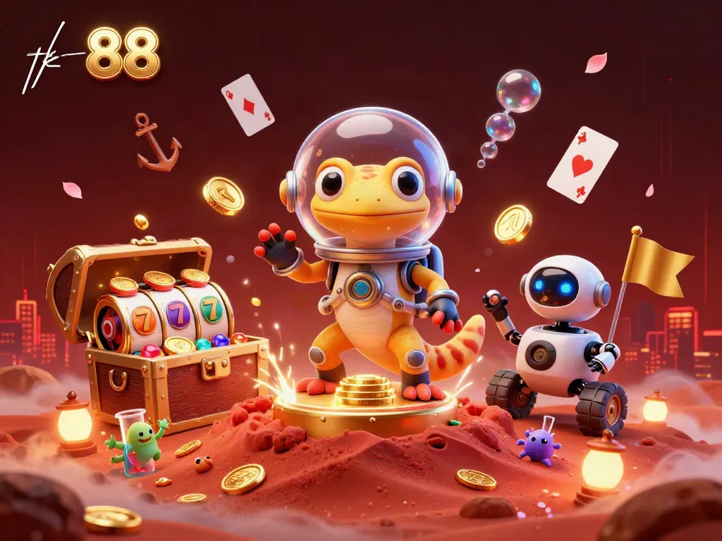 Engaging 3D scene displaying a Martian gecko discovering a golden casino, featuring tk 88 and dynamic casino elements.