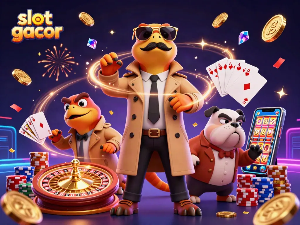 Experience exciting slot gacor gameplay with raptors in a trench coat entering a VIP casino lounge.