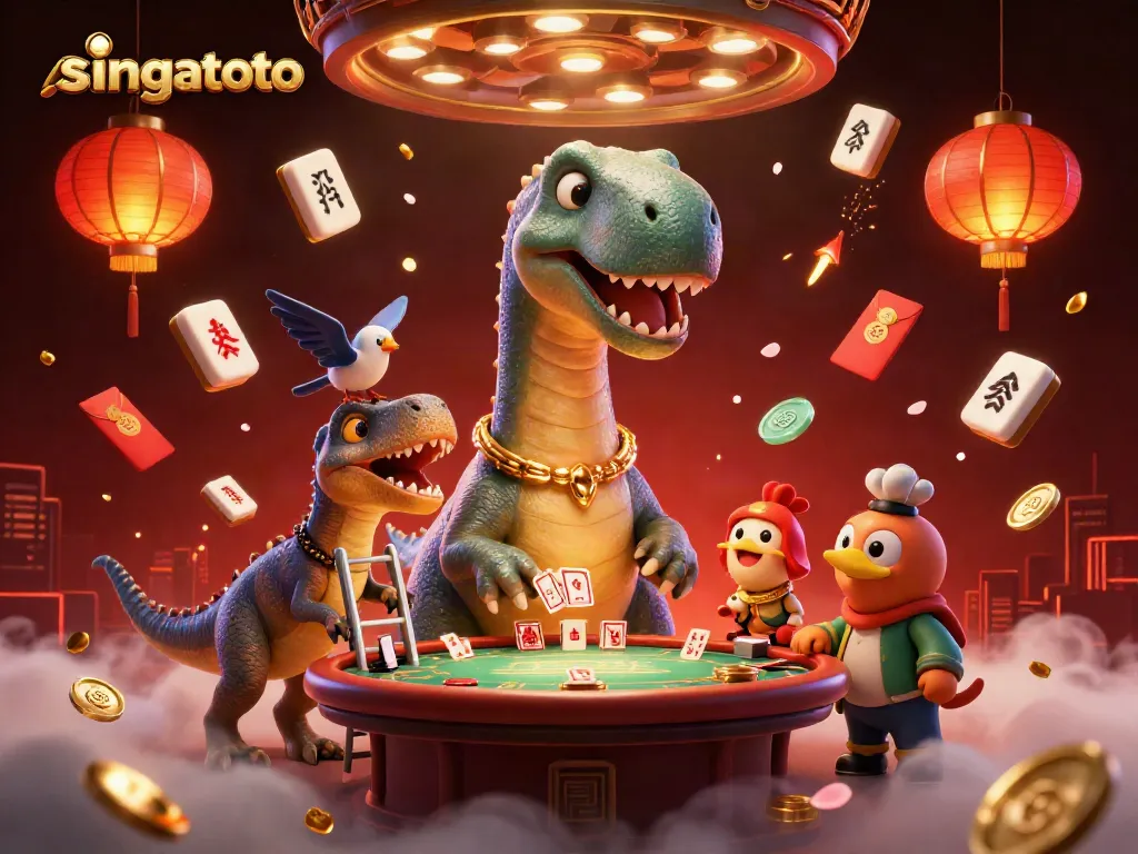 Playing games at singatoto, a thrilling cartoon scene with vibrant casino elements.