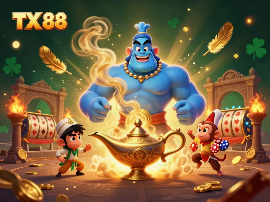 Engage with TX 88's exciting casino atmosphere featuring the magical genie, poker chips, and dynamic gambling elements.