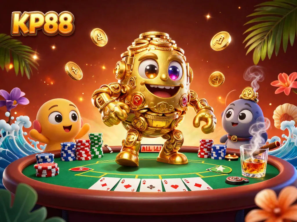Experience the excitement of KP88 with a golden golem surrounded by vibrant poker elements and a luxurious casino atmosphere.