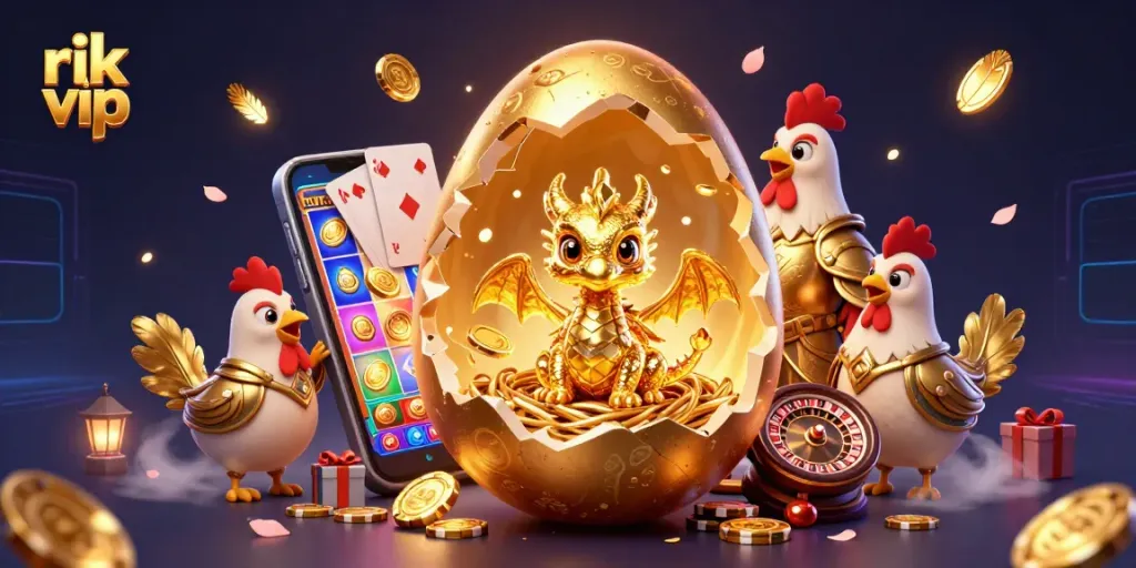 Experience thrilling gameplay at rik vip with a dragon guarding poker chips and vibrant gaming elements.