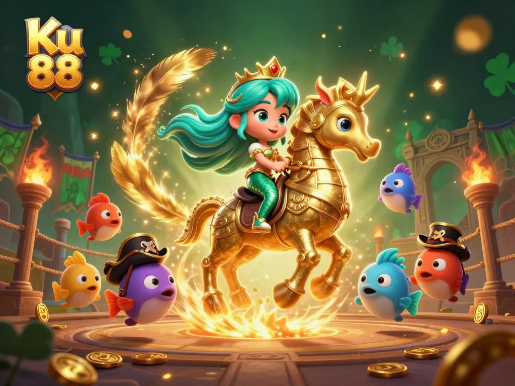 Engage with Ku 88's vibrant world of gaming, showcasing a mermaid and seahorse in a competitive arena.