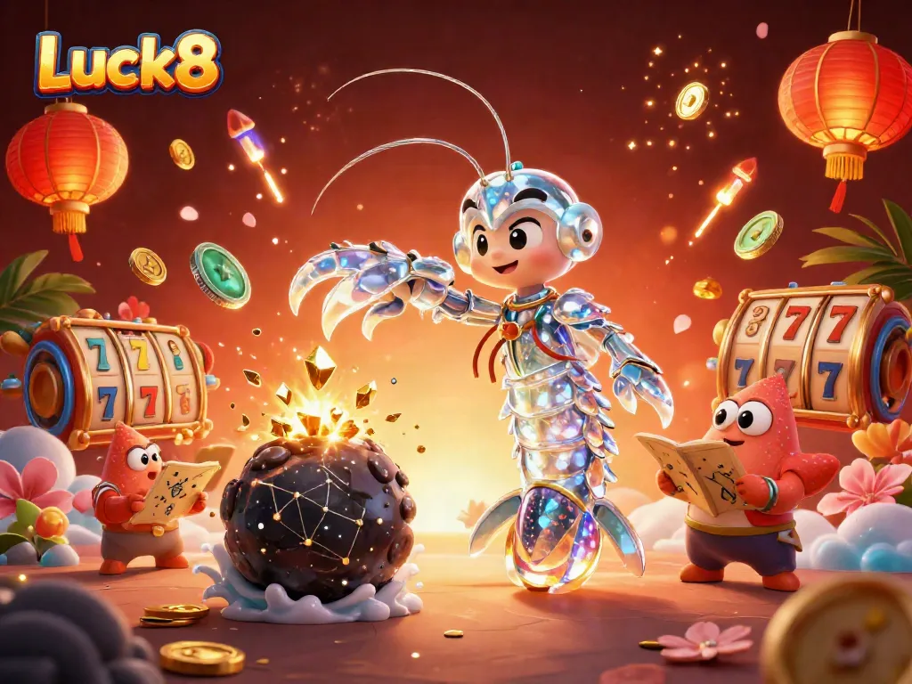 Luck8 samurai mantis shrimp shatters an asteroid, showering golden coins, in a dynamic casino-themed scene.