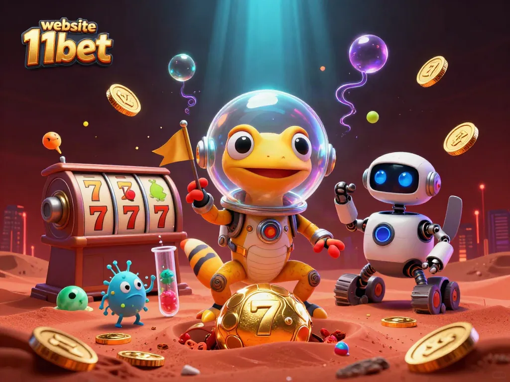 Engage with website 11bet for exciting casino adventures featuring slot reels and a Martian gecko.