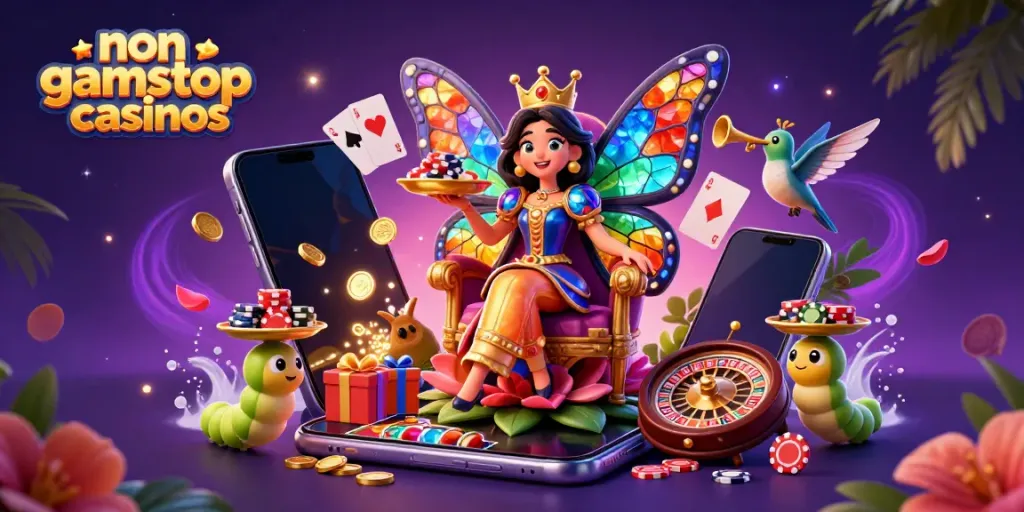 Engage with vibrant non gamstop casinos featuring a butterfly queen and casino elements.