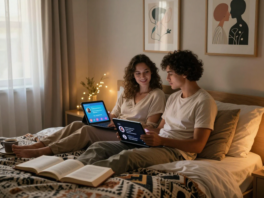 Couple exploring ai sex relationships with tablets in intimate bedroom setting