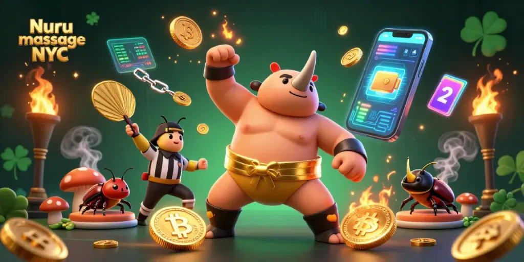 Nuru massage NYC glamorously enhances relaxation with a 3D cartoon beetle showdown amidst dynamic casino elements.