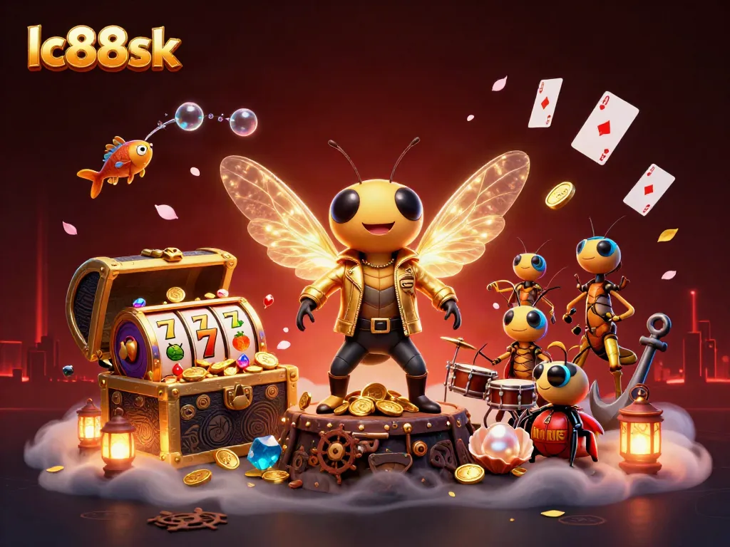 Spin the reels with lc88sk and win big in this vibrant casino-themed illustration.