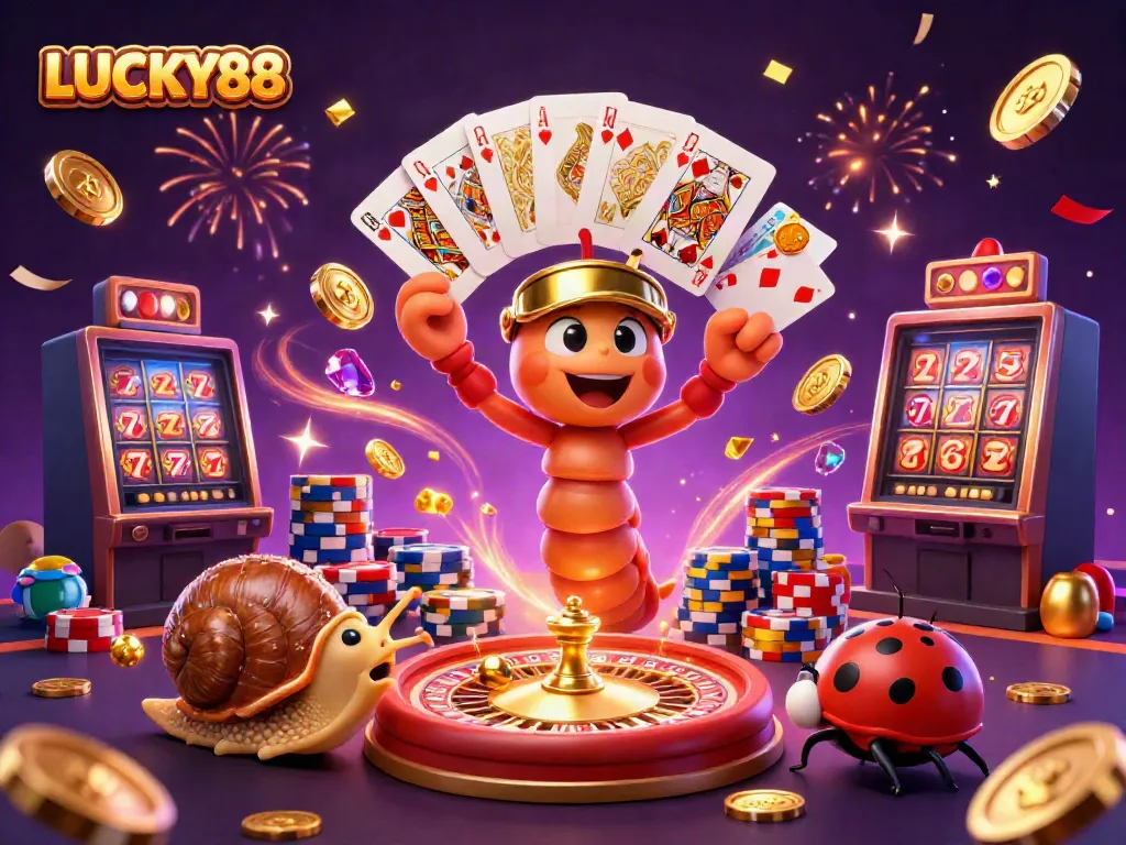 LUCKY88 features a vibrant casino scene with a millipede dealer, high-roller snail, and animated game elements.