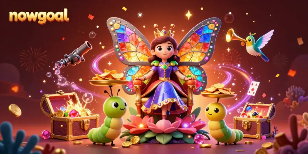 Engaging 3D illustration of nowgoal, a butterfly queen and caterpillars in a vibrant casino-like fantasy setting.