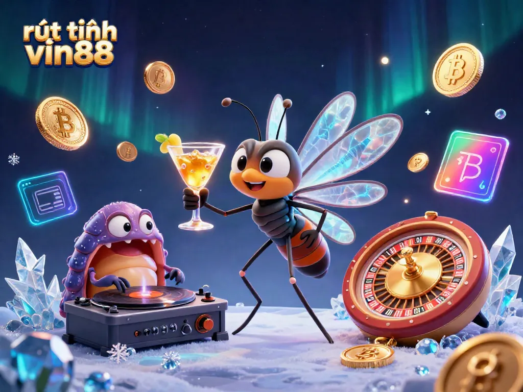 Experience rút tiền vin88 at this vibrant 3D casino scene showcasing a unique frozen mosquito mascot and crypto elements.
