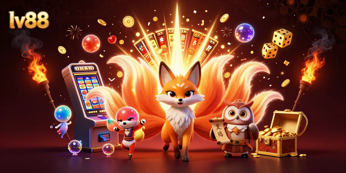 Play and win at lv88, featuring a vibrant 3D illustration of lucky symbols, treasures, and magical spirits.