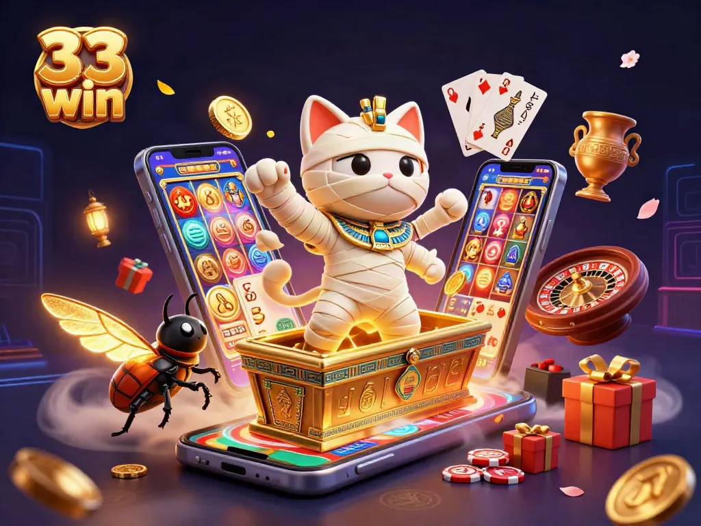 Experience the thrill of winning at 33 win with an engaging casino scene featuring a mummy cat.
