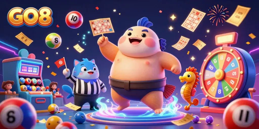 Join the fun at GO8 with the lively underwater fugu and exciting lottery elements in a dynamic scene.