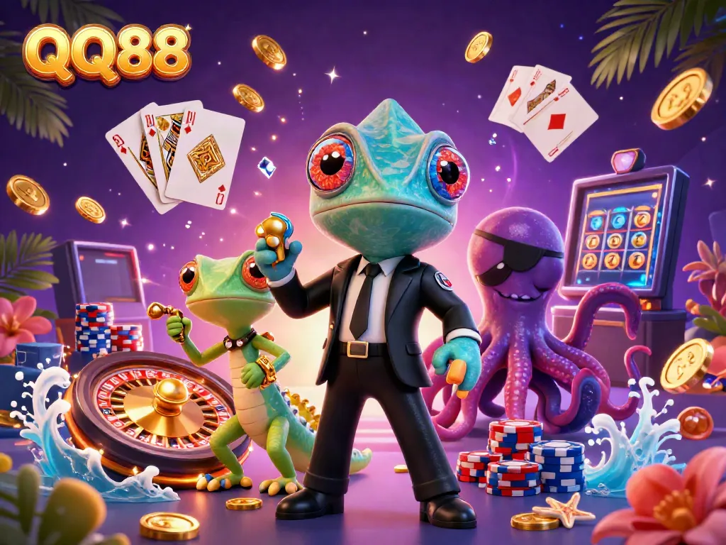 Experience thrilling casino excitement with QQ88, featuring vibrant characters and dynamic game elements.