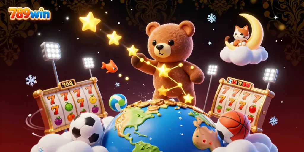 Experience winning moments with 789win in this vibrant 3D casino-themed illustration.