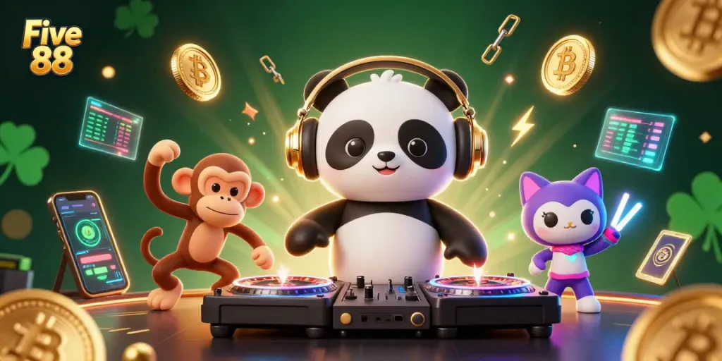 Experience Five 88 with vibrant gameplay as a DJ panda spins roulette wheels and a dancing monkey joins in.