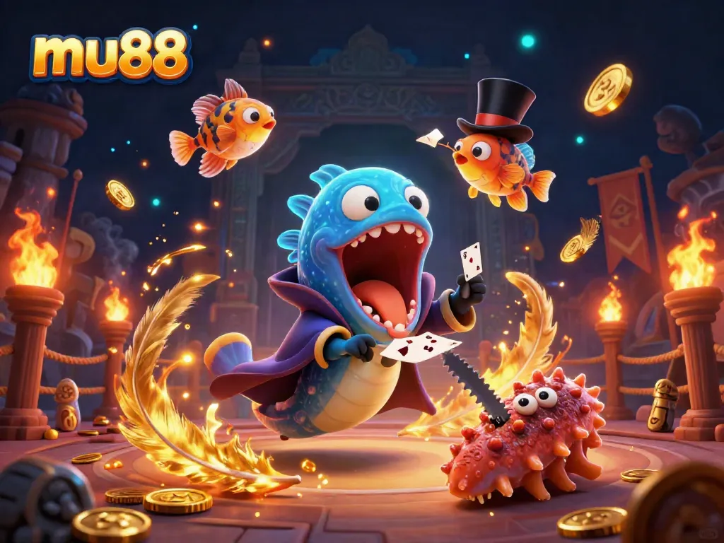 Experience the magic of mu88 with a bioluminescent eel performing card tricks in a vibrant casino scene.