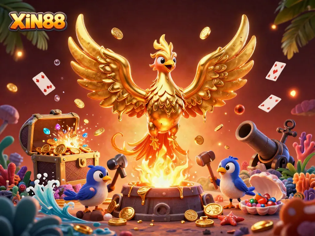 Join the excitement at XIN88 with a golden phoenix embodying victory, surrounded by treasure and gaming elements.