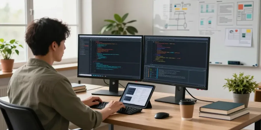 Developer utilizing instant indexing tools in a modern workspace.