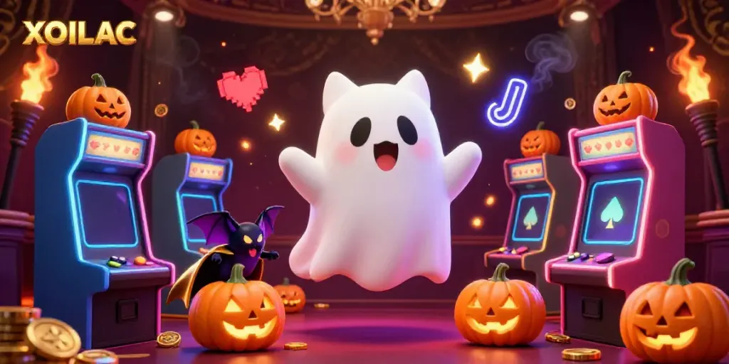 Experience the thrill of XOILAC in a vibrant casino setting with a ghost cat and a vampire bat.