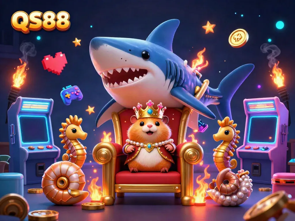 Experience exciting gameplay at QS88 with a vibrant illustration featuring a golden hamster king and dynamic game elements.