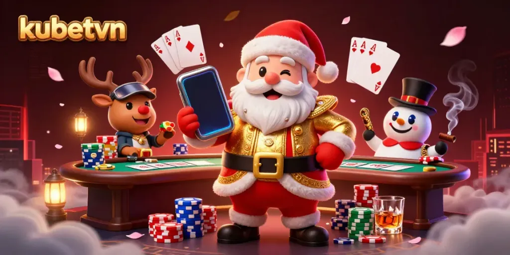 Engage with kubetvn exciting jackpots as Santa and friends celebrate wins in a vibrant casino scene.